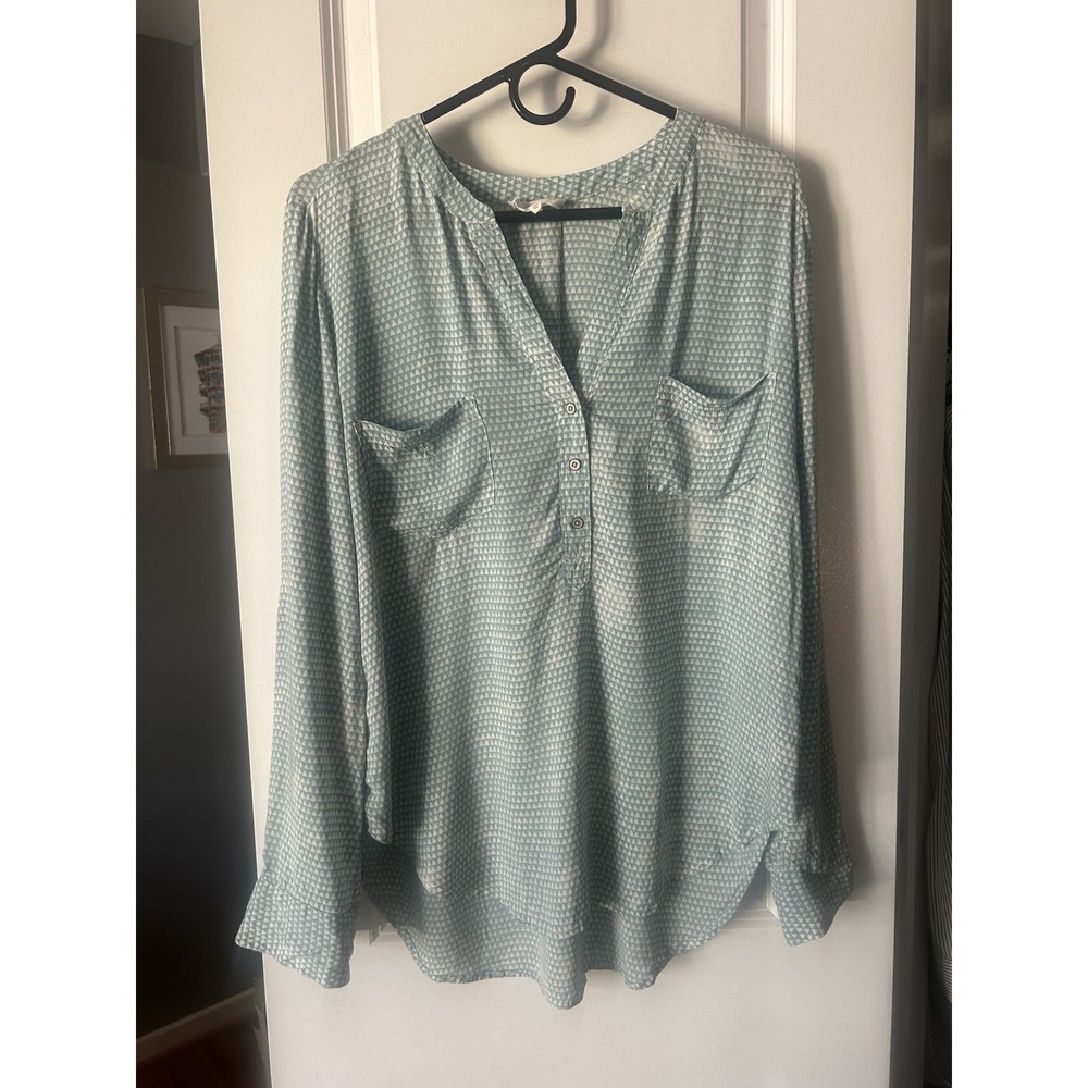 Lou & Grey LOFT Long Sleeve Roll Tab Blouse Blue White Print Size Medium